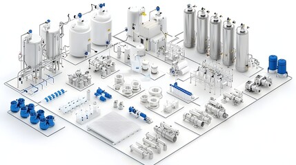 Poster - An intricate and well organized modular pipe system with various interconnected components valves and tanks displayed on a clean white background