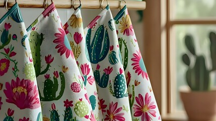 Poster - Elegant curtain adorned with unique cactus print enhancing the brightness of the stylish kitchen space decor