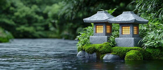 Wall Mural - way of life tradition philosophy concept, serene stone lanterns by a tranquil river, surrounded by l