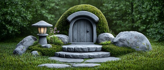 Wall Mural - Way of life tradition philosophy concept, A whimsical stone door set in a grassy landscape, surrounded by moss-covered rocks and a glowing lantern, evoking a fairy-tale atmosphere.