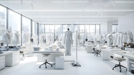 Poster - An organized and minimalist fashion design studio showcasing the work in progress of custom clothing and apparel pieces