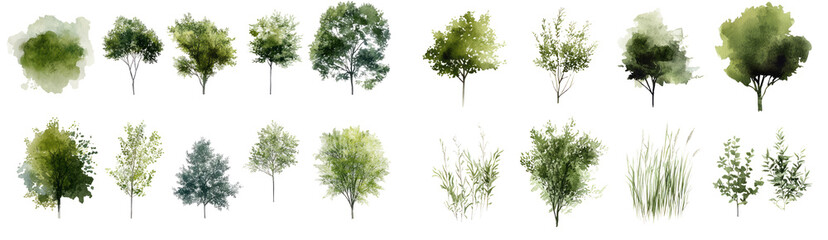 Watercolor illustration collection of green trees. isolated on white or transparent background.