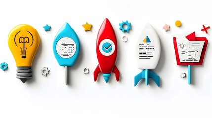 Aufkleber - Arrangement of various startup related icons including a rocket lightbulb and business plan symbolizing the key elements of entrepreneurship and business development