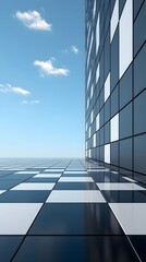 Poster - Captivating modern building framed by a beautiful sky background featuring unique checkerboard pattern on its facade