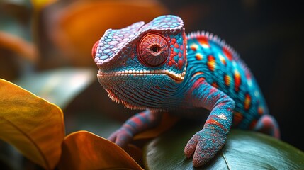 Poster - Colorful chameleon with vibrant patterns on leaves, nature macro. Wildlife art concept