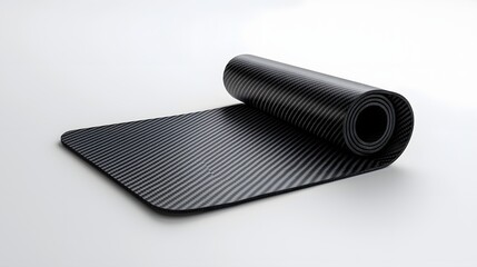 Poster - Close up image of a rolled up carbon fiber textured material against a plain white background showcasing the sleek advanced and utilitarian design aesthetic of modern engineering and technology