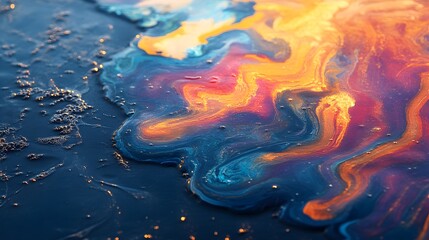 Poster - Abstract image of swirling oil paint on a water surface. Vibrant colors and fluid textures. Oil Production Process Theme Background. Abstract Oil Paint Swirl on Water Surface