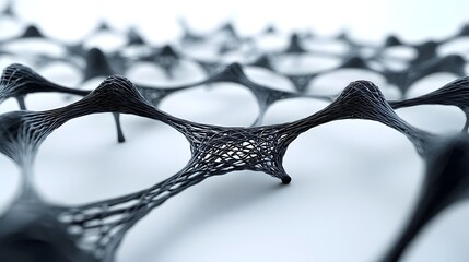 Poster - Close up view of a complex network of intertwined and intersecting carbon fiber filaments creating an intricate geometric pattern against a white background