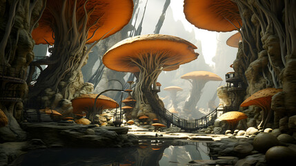 Poster - Enchanting fantasy forest filled with vibrant mushrooms and lush foliage evoking a sense of otherworldly wonder and imagination.