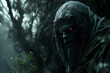 © watz - Hooded swamp creature with glowing red eyes emerging from the dark and misty forest.