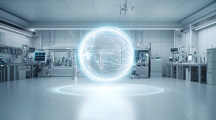 Poster - Depiction of a mysterious luminous energy sphere hovering in a clean high tech research laboratory environment