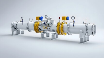 Poster - Detailed assembly of various gas distribution pipes valves and measurement equipment arranged against a plain white background