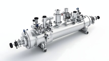 Fototapete - Detailed view of a complex steel pipeline assembly consisting of various mechanical components and valves set against a clean minimalist white background