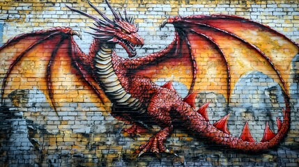 Poster - Striking dragon mural on brick wall highlighting detailed artwork and vivid colors in an urban landscape setting