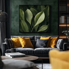 Poster - Cozy living room featuring elegant couch and coffee table surrounded by beautiful cactus pattern wallpaper