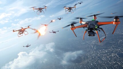 Poster - Multiple unmanned aerial vehicles drones flying in formation demonstrating the capabilities of modern aerial technology and autonomous systems