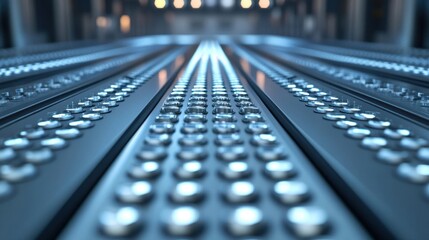 Poster - Metal conveyor belt studded with numerous silver colored rivets