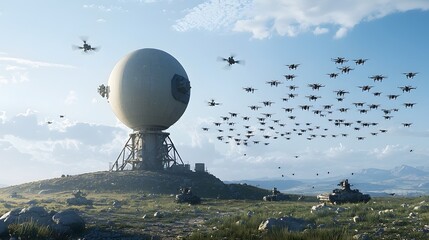 Fototapete - Radar system monitoring and tracking a large swarm of unmanned aerial vehicles drones in a rugged military battlefield setting