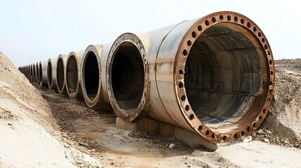 Poster - Rows of large metal pipeline sections partially buried in the ground forming an underground infrastructure network