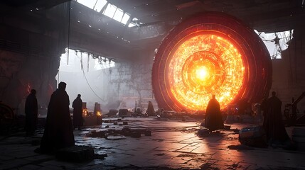 Poster - Silhouetted figures stand in awe before a colossal glowing artifact of unknown origin its pulsating energy radiating an eerie otherworldly glow in the abandoned industrial ruins