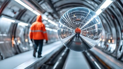 Poster - Sleek curved tunnel of a high tech underground transportation system with glass walls reflecting the movement of passengers inside