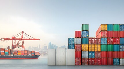 Poster - Stacked shipping containers blocking a port s trade route symbolizing the concept of trade barriers and restrictions impacting global commerce and logistics