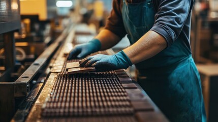 Poster - A person carefully handling materials on a factory production line