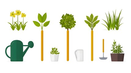 Aufkleber - Various gardening tools and plants including a watering can shovel potted plants and growing vegetation are displayed in a row on a clean white background