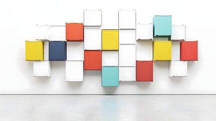 Poster - Vibrant geometric arrangement of multicolored shipping containers creates an abstract modular wall structure against a clean white background