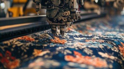 Poster - A machine meticulously embroiders beautiful designs onto the fabric carefully