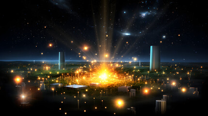 Poster - Vibrant cityscape at night illuminated by bright lights capturing the essence of urban life and the cosmic microwave background.