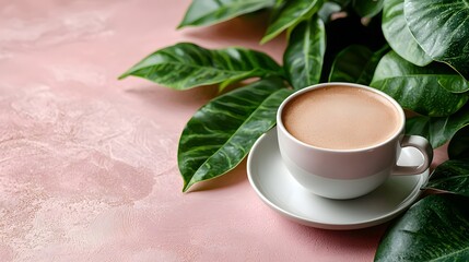 Poster - Elegant pastel coffee cup surrounded by a lush green plant creating a serene and inviting atmosphere for branding