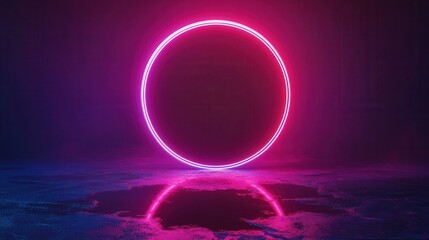 Poster - A bright neon pink circle illuminates a reflecting surface in darkness