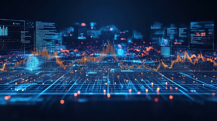 Poster - Futuristic data visualization, complex network of interconnected digital information streams
