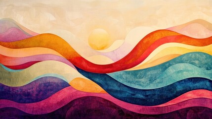 Poster - Abstract artwork depicting layered colorful wavy lines and a sun