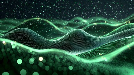 Poster - Dotted wave of radiant green light with floating particles creating a cinematic depth and hypnotic flow