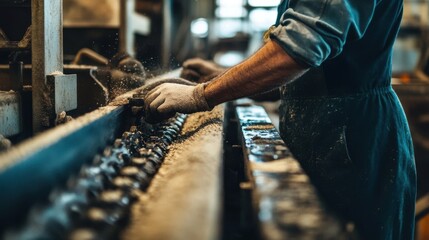 Poster - A worker carefully operating machinery in a manufacturing environment