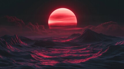 Wall Mural - Surreal red sunset over dark ocean waves with clouds. Fantasy seascape concept