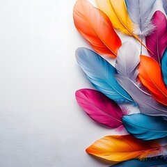 Poster - Vibrant and colorful swan feathers scattered elegantly on a crisp white background creating a stunning visual display