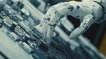 Poster - A robotic hand interacts with a complex technological circuit board