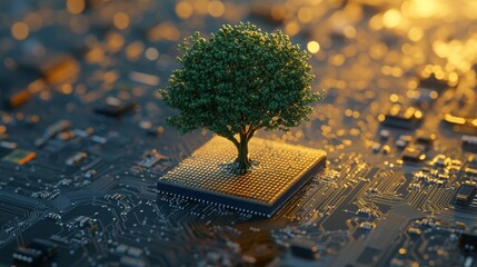 Poster - Tree growing from a microchip on a circuit board, green technology concept