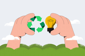 Aufkleber - Save Energy. Hand holding Light Bulb and Recycle symbol. The concept of sustainable development for business, ecology and environment. Flat vector illustration.