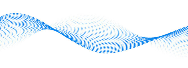 Poster - Light blue dotted wave line pattern. Halftone undulate net background. Abstract air flowing particle wallpaper. Vector curve dashed gradient element for poser, banner, presentation, booklet, flyer