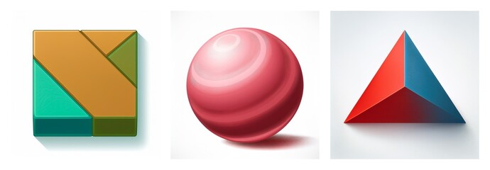 Poster - Three distinct shapes are displayed: a segmented square, a smooth sphere, and a sharp triangle, each rendered with soft shadows.