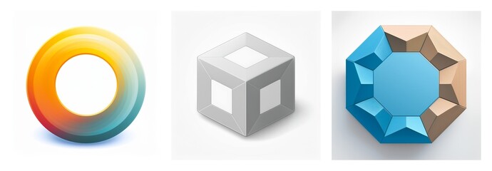 Aufkleber - Three distinct shapes are displayed: a vibrant gradient ring, a grey isometric cube, and a blue and beige octagonal gem. Geometric forms are presented.