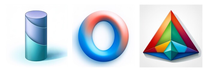 Aufkleber - Three dimensional shapes are illustrated on a white background.  A cylinder, torus and pyramid are depicted with smooth gradients and vibrant colors. Shapes.
