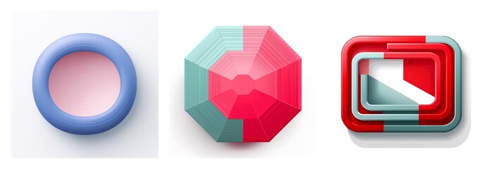 Aufkleber - Three dimensional shapes in vibrant colors displayed on a white backdrop.  A blue circle, a red and green octagon, and a red and green rectangle.