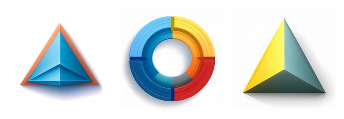 Aufkleber - Three dimensional shapes: layered triangle, segmented circle, simple triangle. Geometric and colorful on a white background.