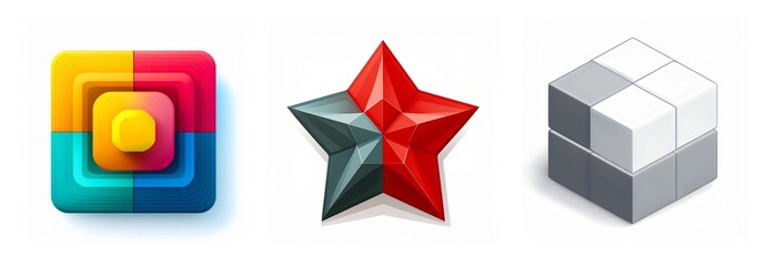 Aufkleber - Three dimensional shapes set against a white backdrop, featuring a colorful nested square, a two-tone star, and a grayscale cube.