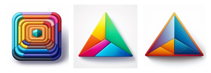Aufkleber - Vibrant geometric shapes include a layered square with a central dot and two triangles with different color segments. Shapes.